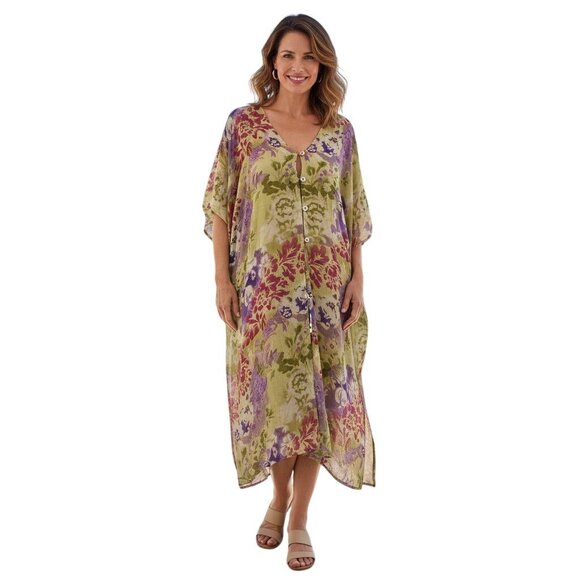 Ulla Popken Beaded Floral Sheer Flowy Long Line Kaftan 3/4 Sleeve One Size - Picture 1 of 7